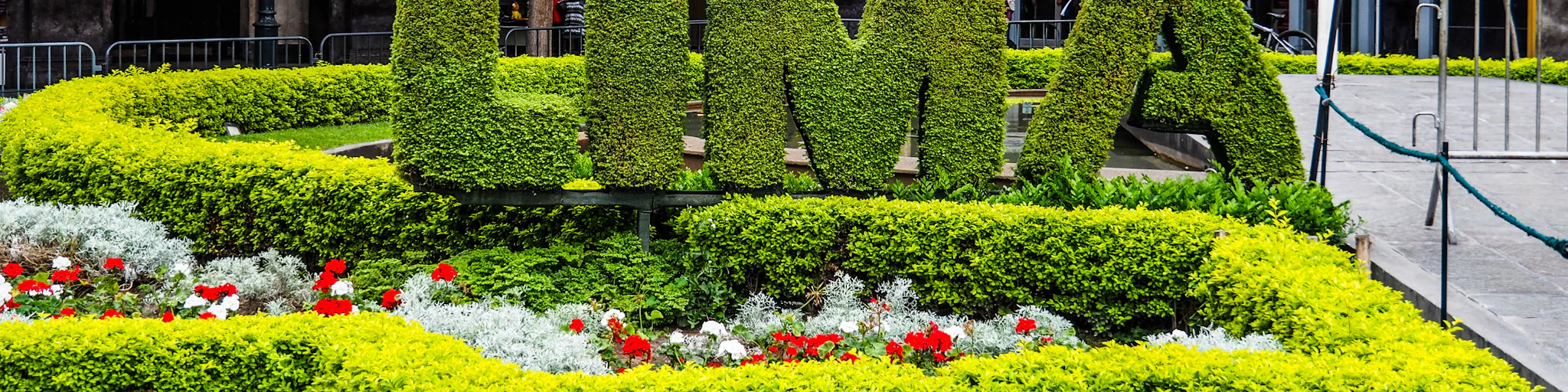 a garden with the word mom spelled out of topiary